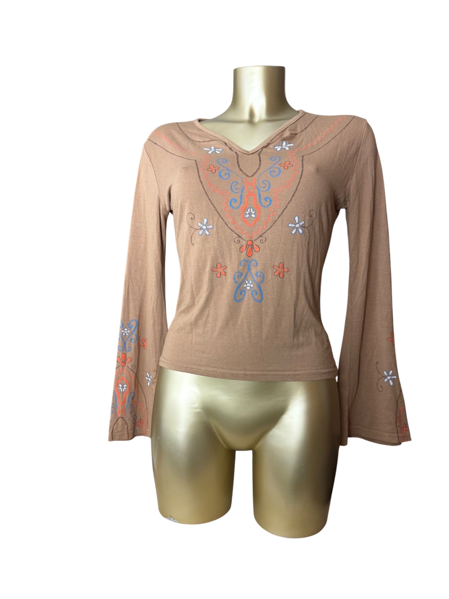 Brown embroidered flared long sleeves top (S/M)