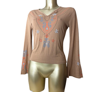 Brown embroidered flared long sleeves top (S/M)