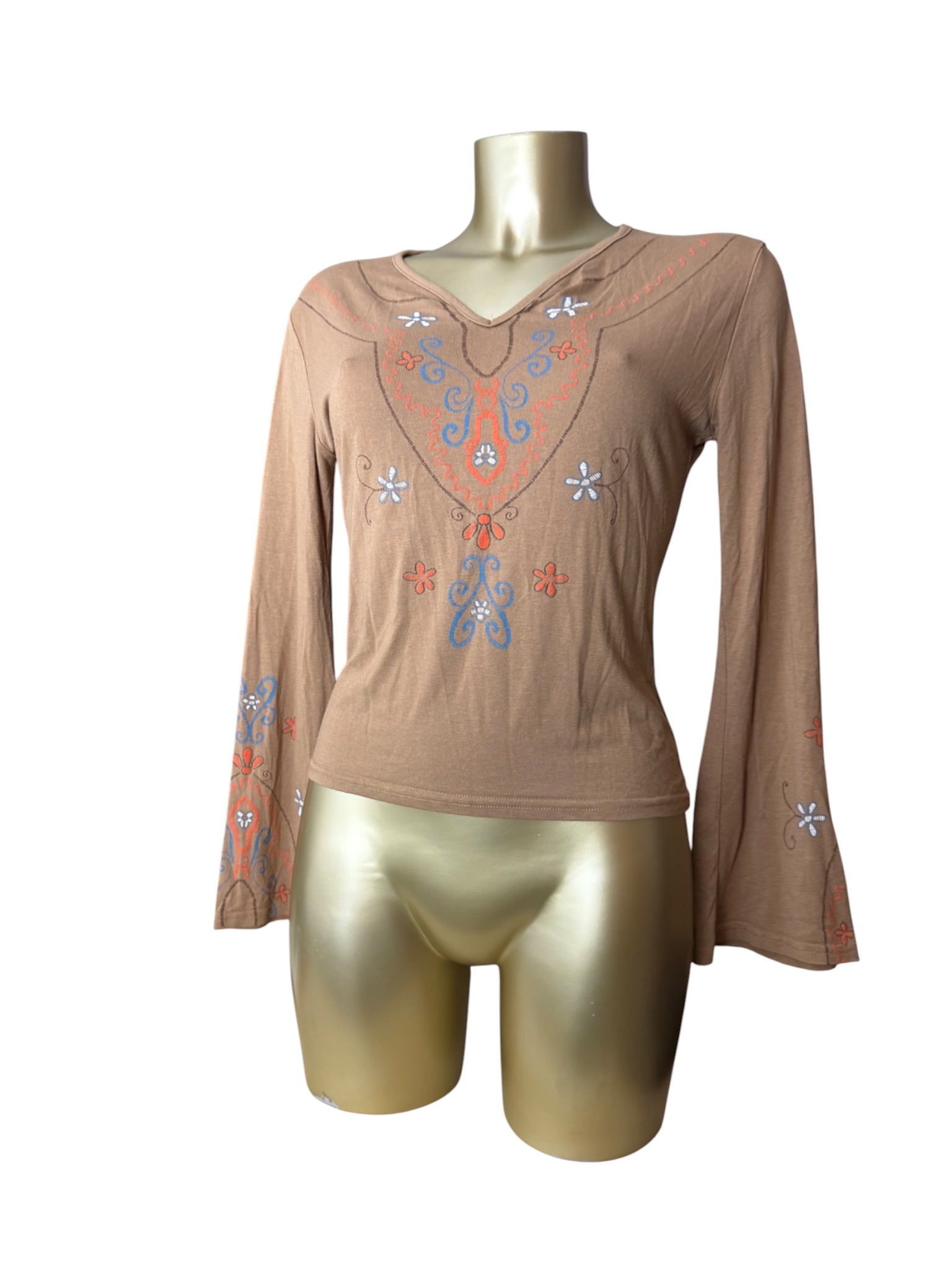 Brown embroidered flared long sleeves top (S/M)