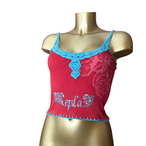 Red ribbed embroidered sequins cami top (S/M)