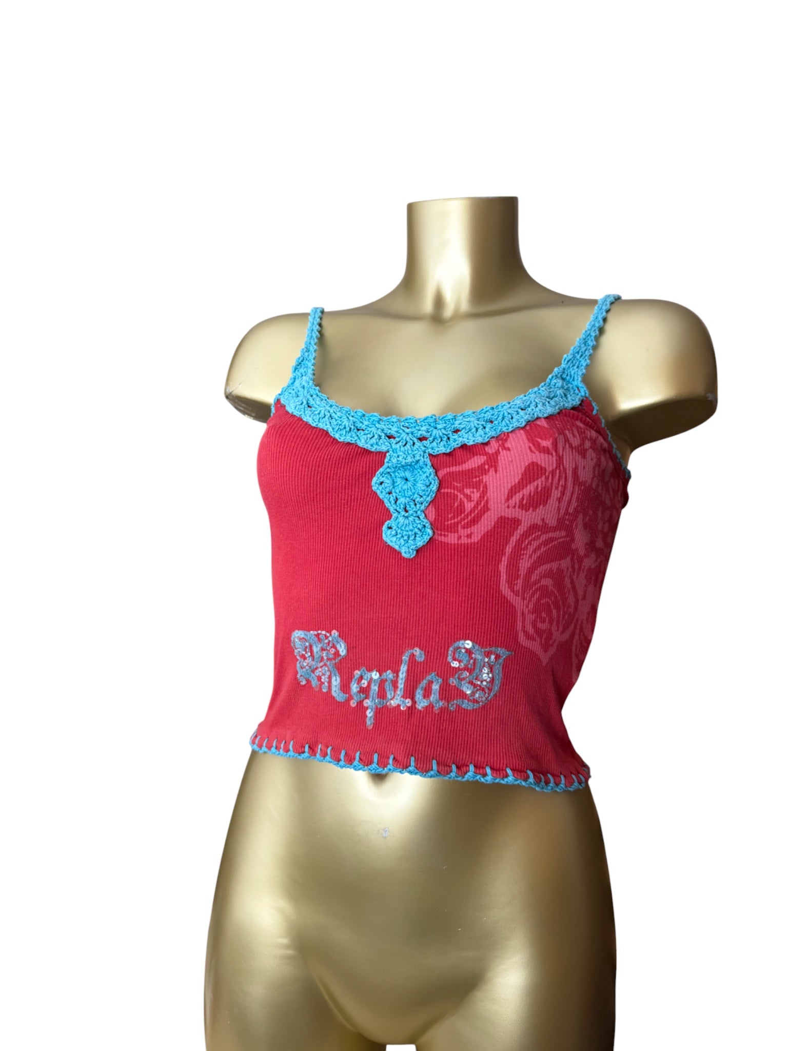 Red ribbed embroidered sequins cami top (S/M)