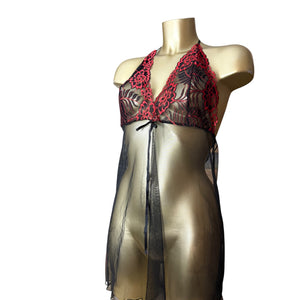 Black embroidered floral mesh babydoll mini dress (S/M)