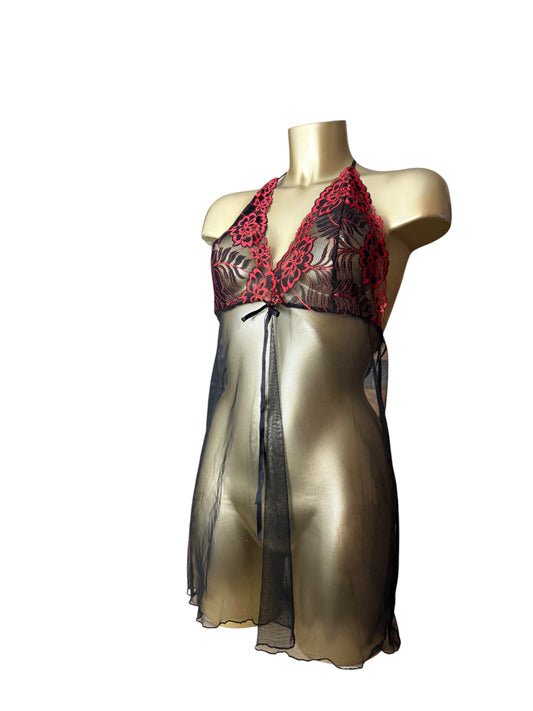 Black embroidered floral mesh babydoll mini dress (S/M)