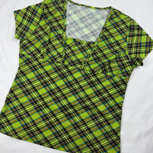 Green check print square neck tee (L)