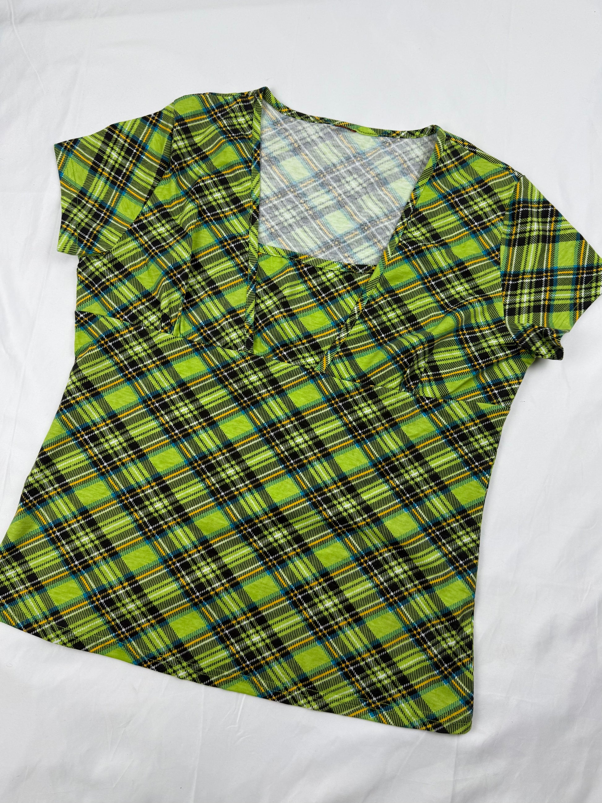 Green check print square neck tee (L)