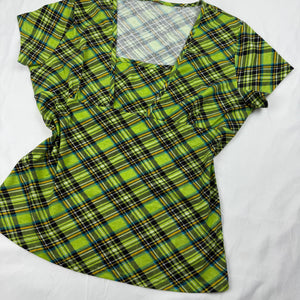Green check print square neck tee (L)