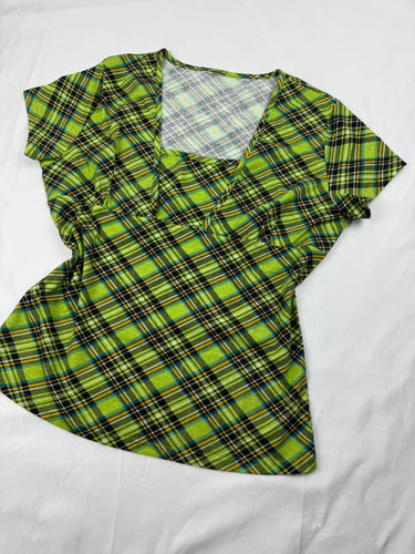 Green check print square neck tee (L)