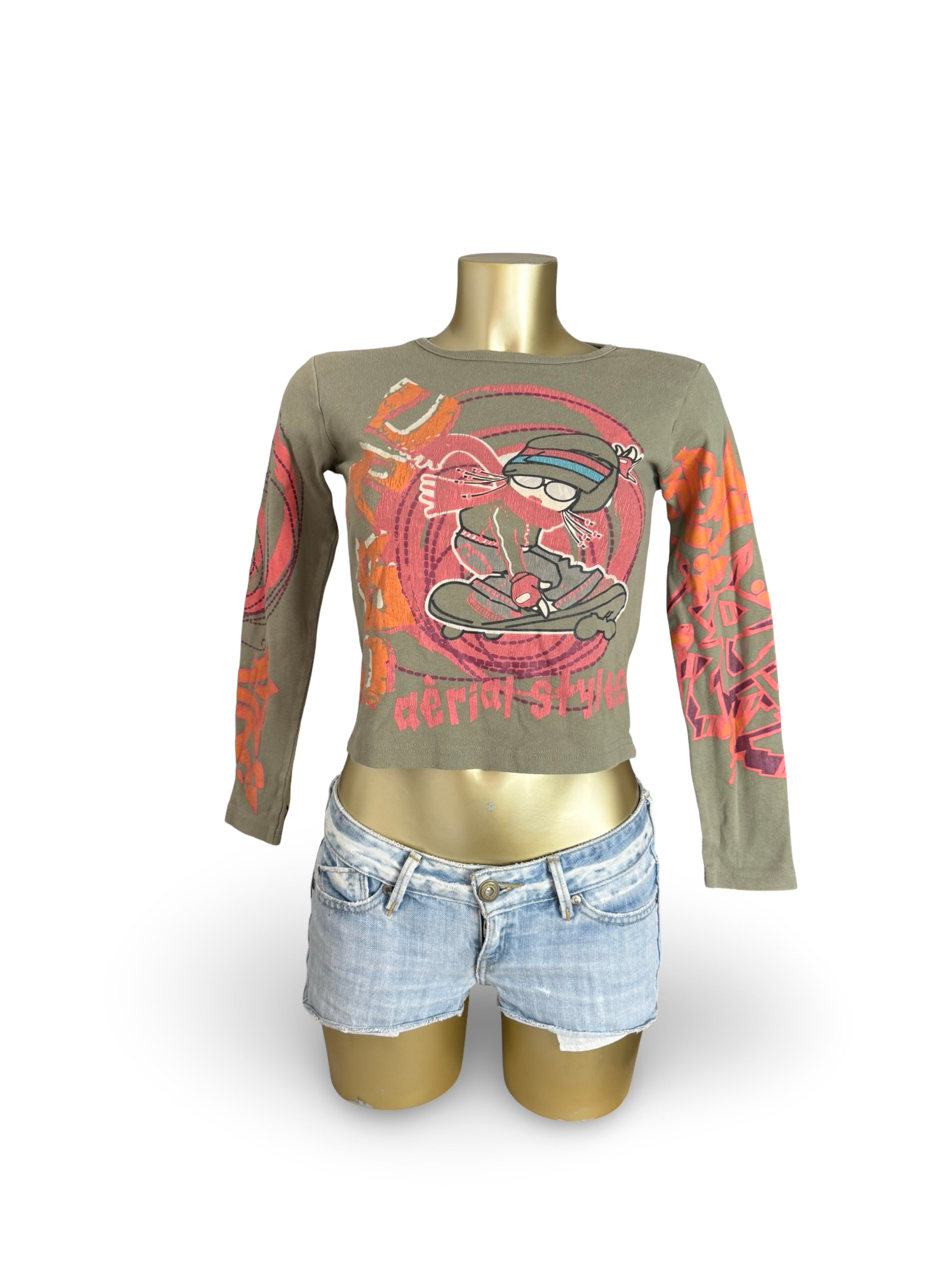Khaki graphic cotton long sleeves top (S)