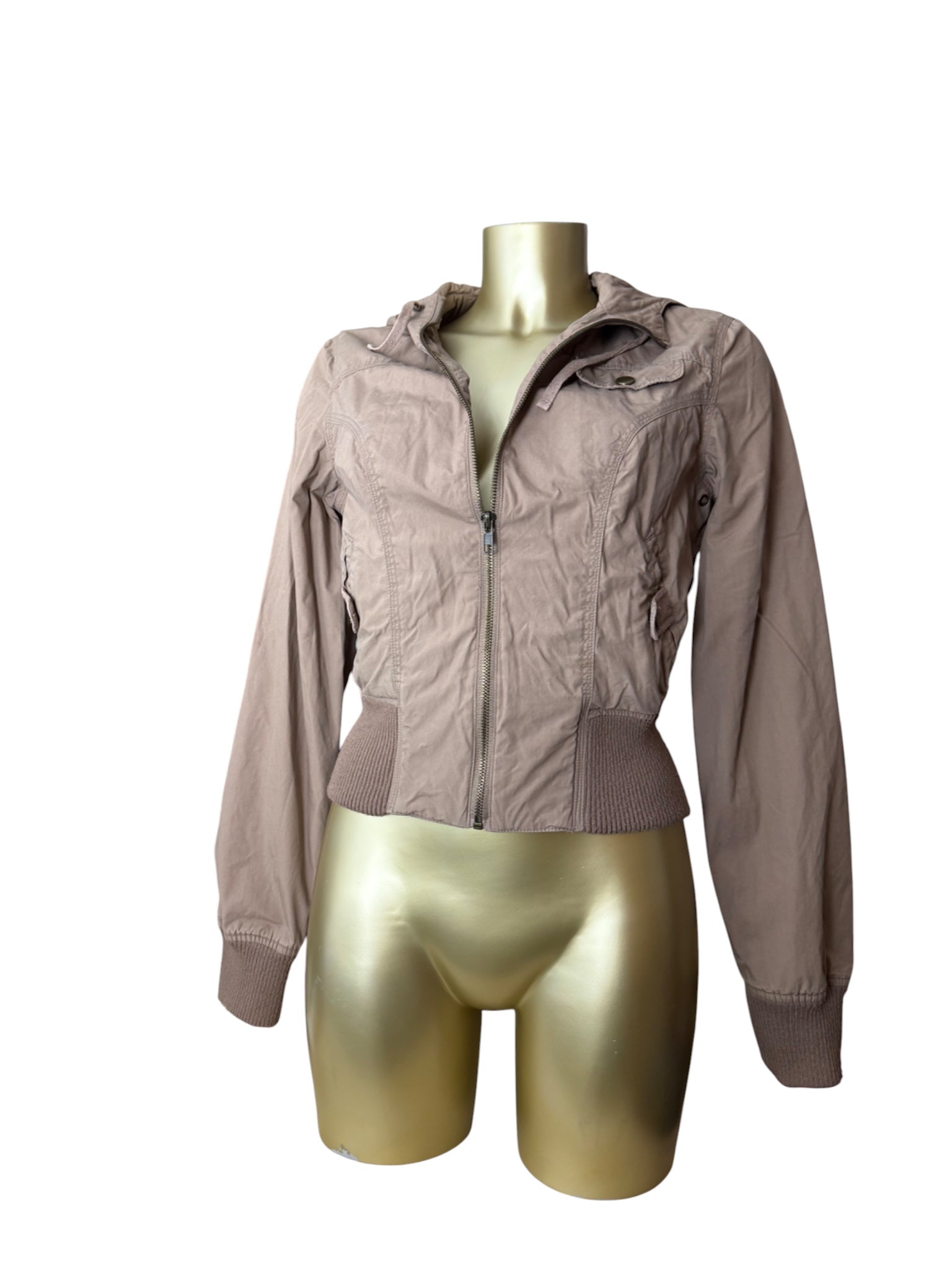 Beige zip up hooded biker jacket (S)