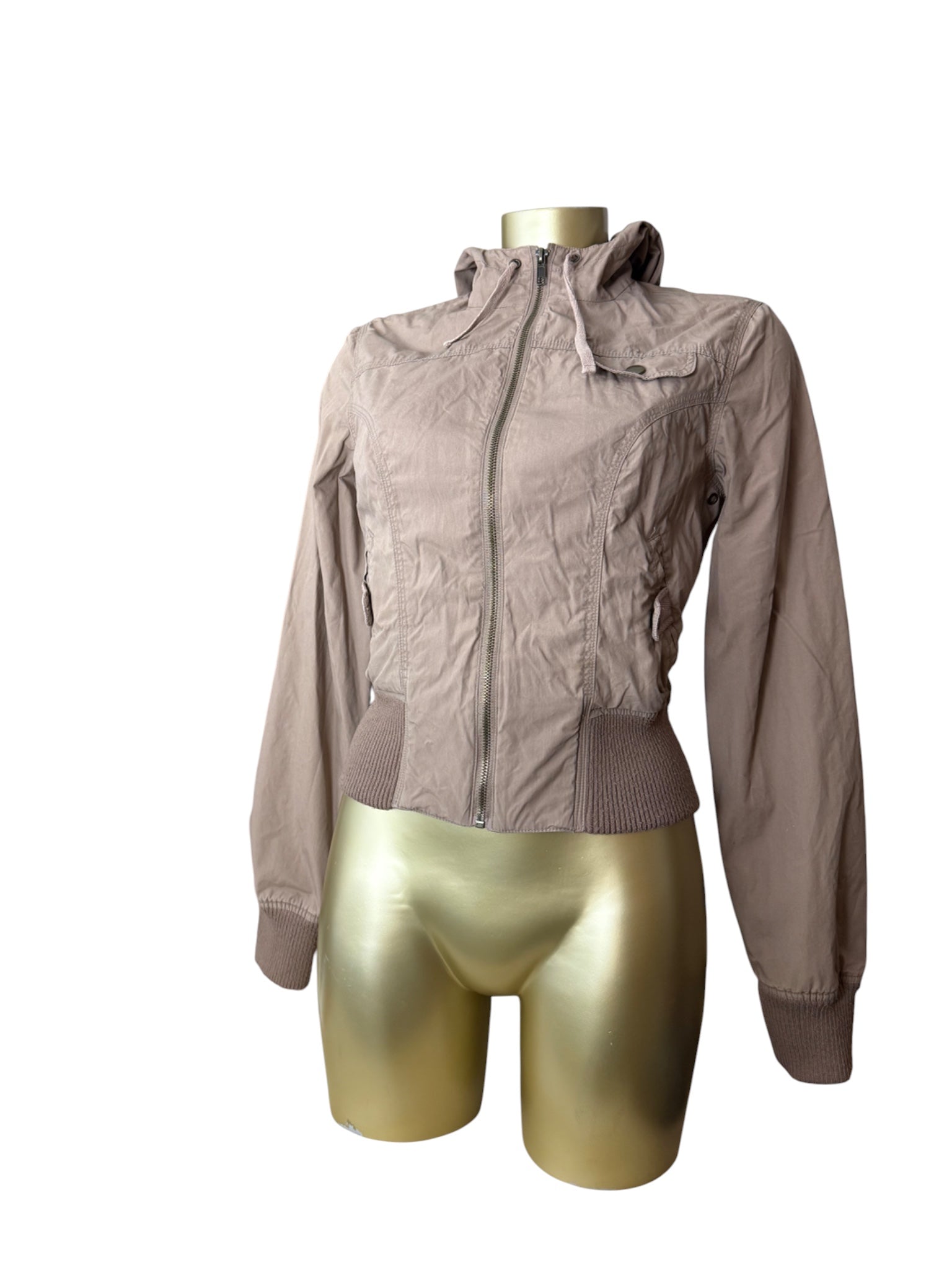 Beige zip up hooded biker jacket (S)