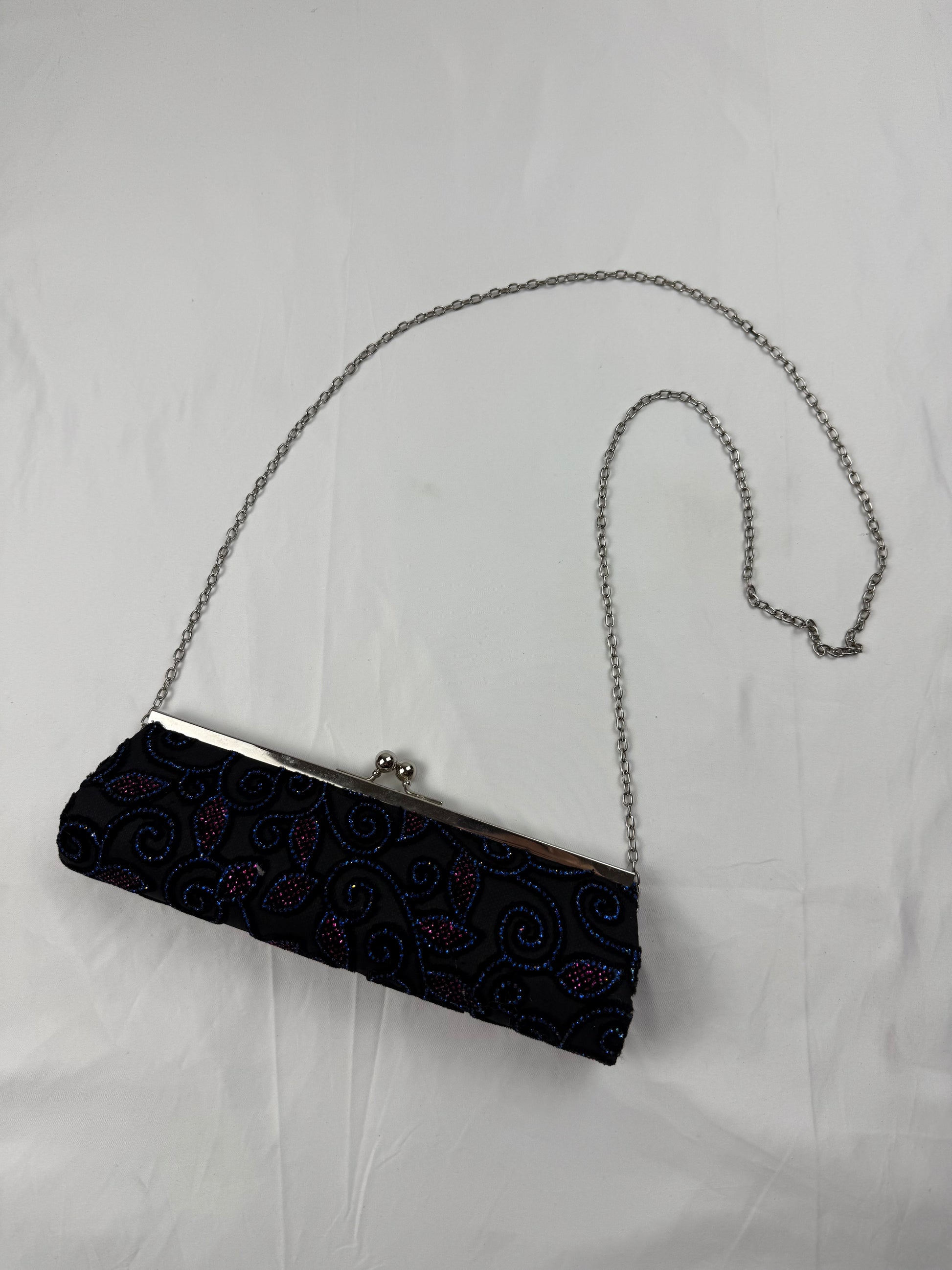 Black rhinestones pearls chain night out crossbody bag (26x8cm)