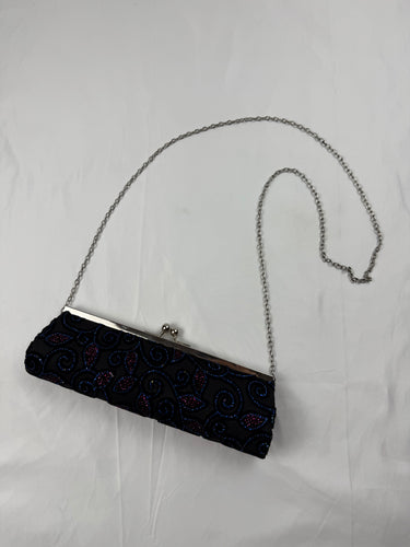 Black rhinestones pearls chain night out crossbody bag (26x8cm)