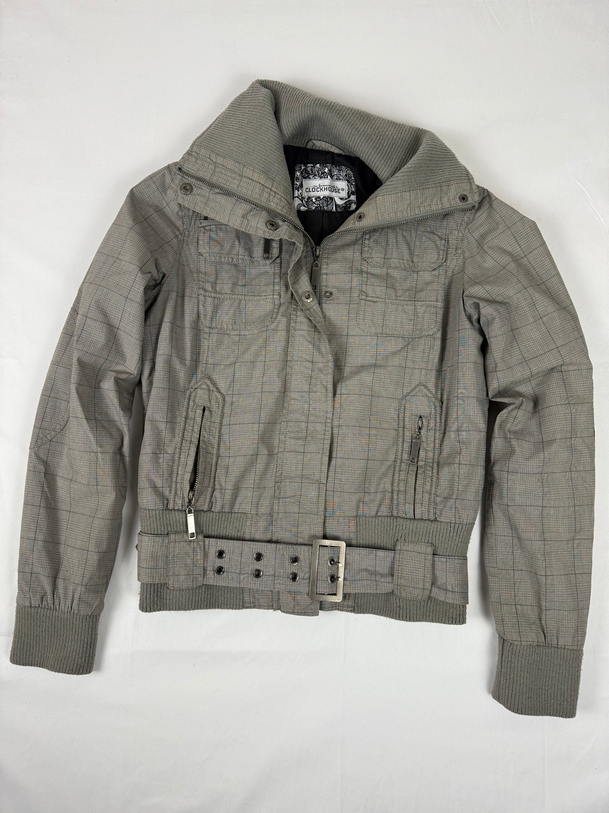 Beige check print zip up biker jacket (M/L)