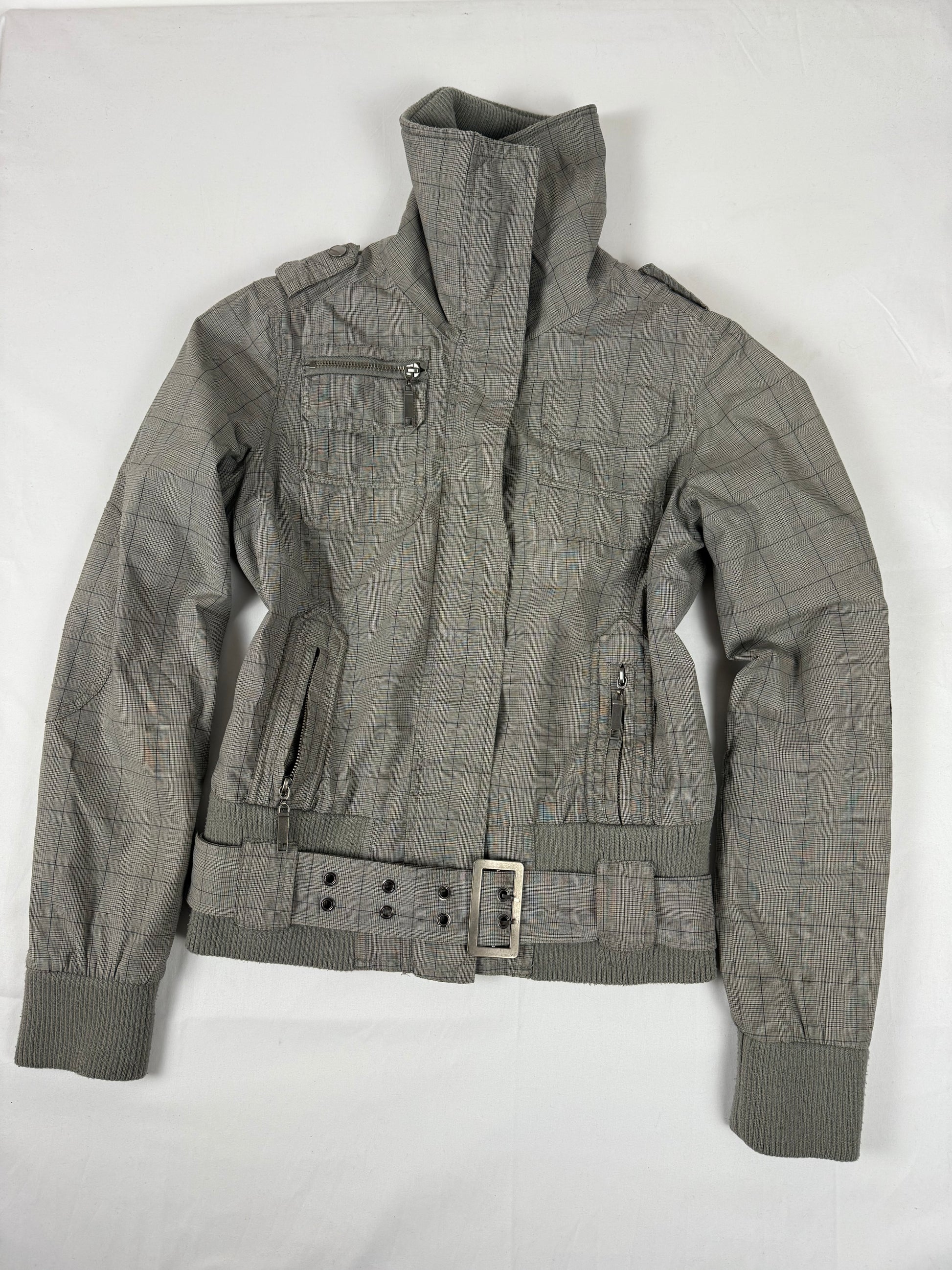 Beige check print zip up biker jacket (M/L)