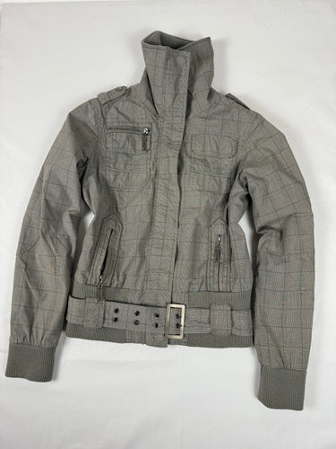 Beige check print zip up biker jacket (M/L)