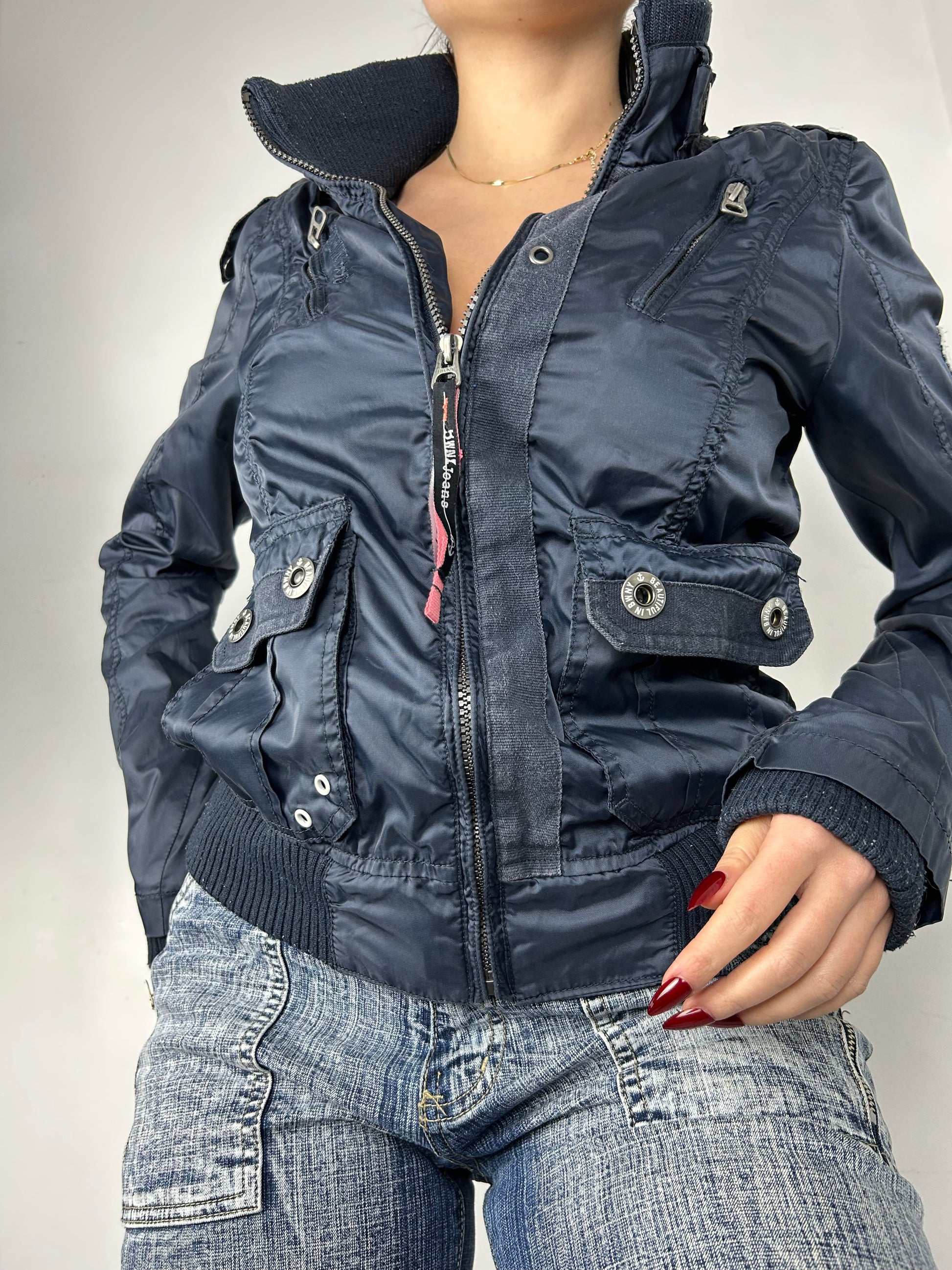 Navy zip up spring biker jacket (S)