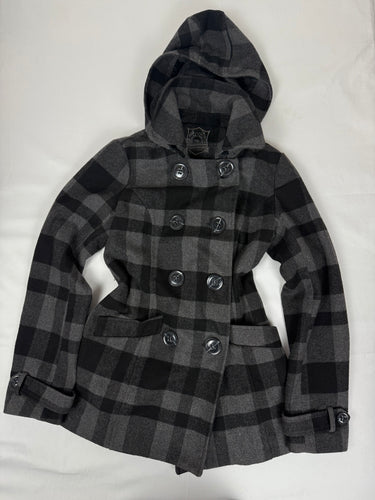 Black check print hooded trench coat (S/M)