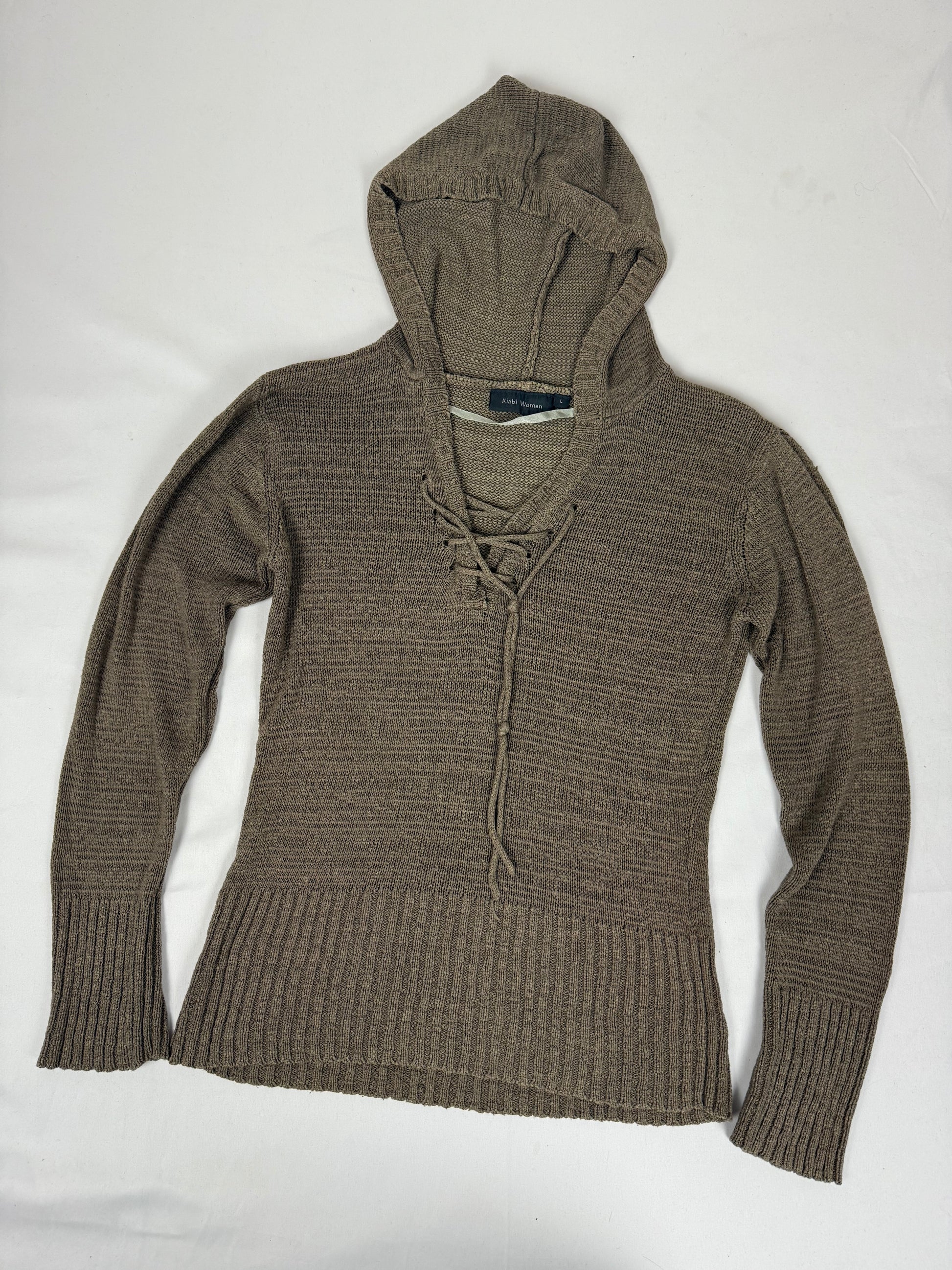 Khaki lace up hooded jumper (S/M)