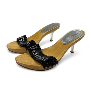 Black strass logo wood clogs kitten heels mules (37)