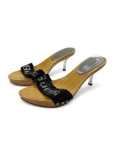 Black strass logo wood clogs kitten heels mules (37)