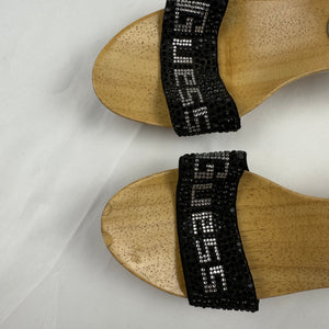 Black strass logo wood clogs kitten heels mules (37)