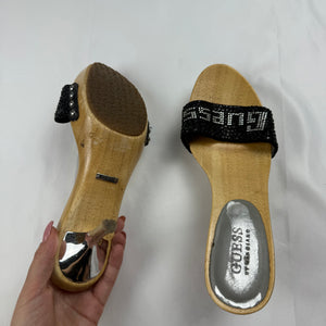 Black strass logo wood clogs kitten heels mules (37)