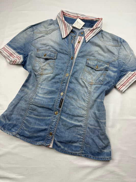 Denim blue tight fit cotton office shirt (S)