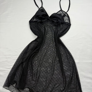 Black mesh bow polka dots babydoll mini dress (S/M)