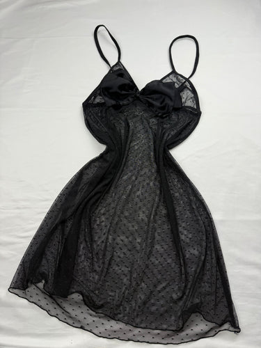 Black mesh bow polka dots babydoll mini dress (S/M)