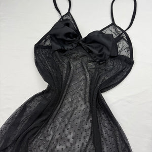 Black mesh bow polka dots babydoll mini dress (S/M)