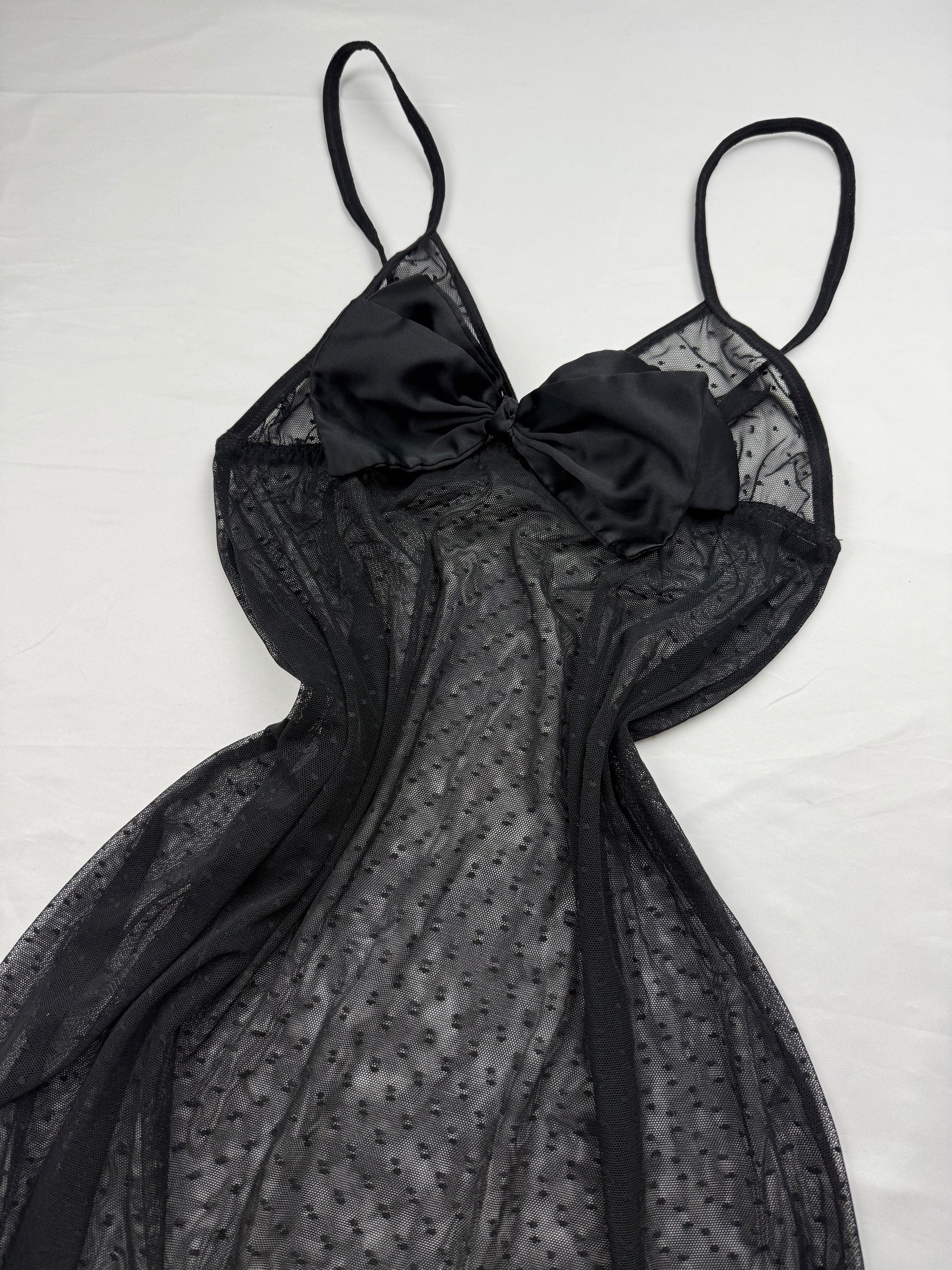 Black mesh bow polka dots babydoll mini dress (S/M)