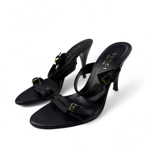 Black real leather buckle belt heels mules (36)