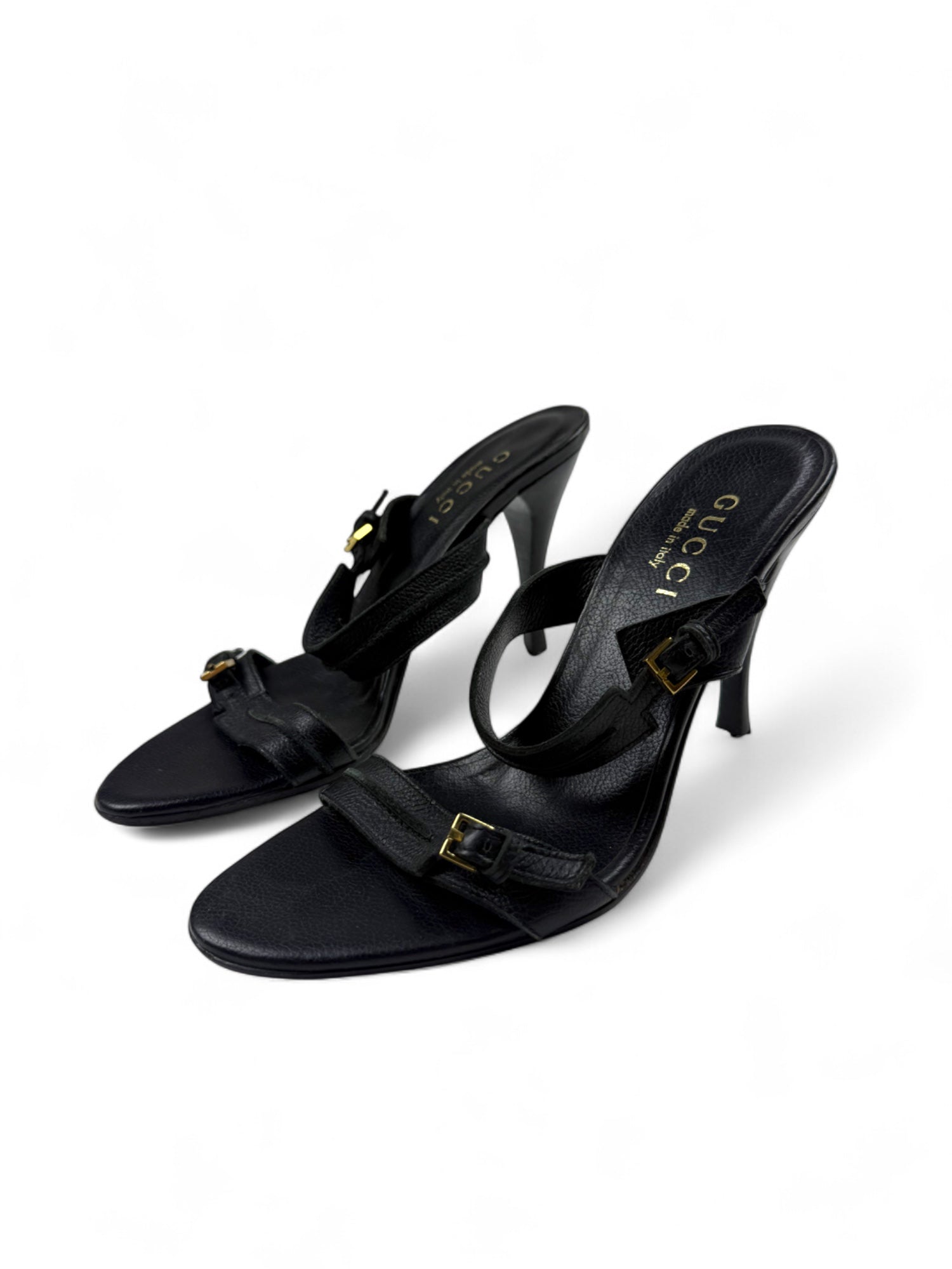 Black real leather buckle belt heels mules (36)
