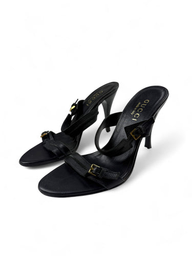 Black real leather buckle belt heels mules (36)