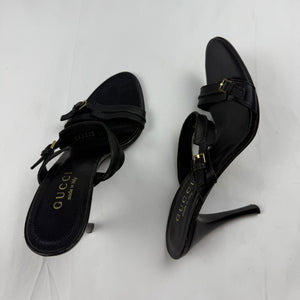 Black real leather buckle belt heels mules (36)