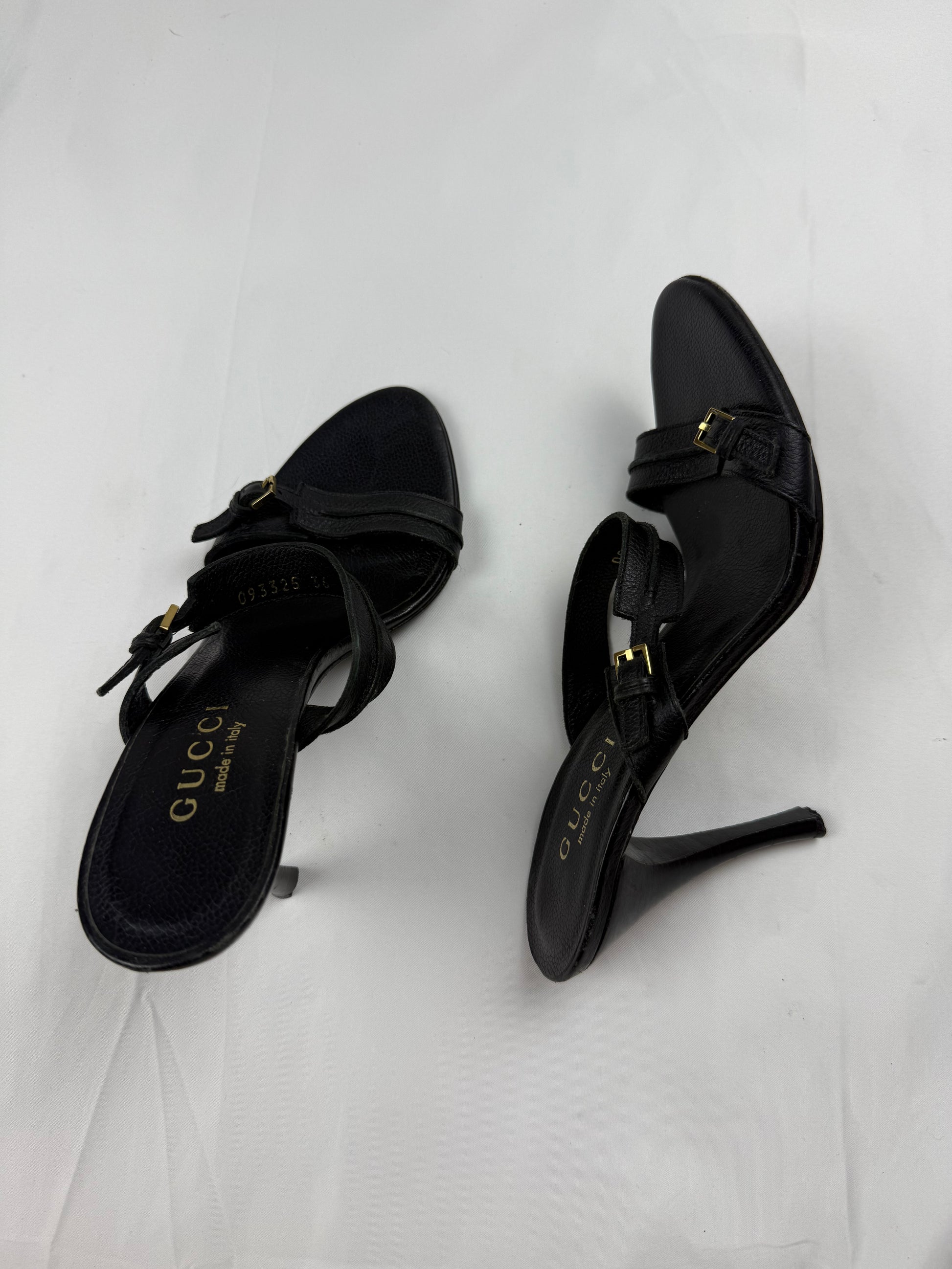 Black real leather buckle belt heels mules (36)