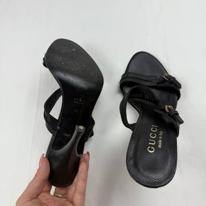 Black real leather buckle belt heels mules (36)