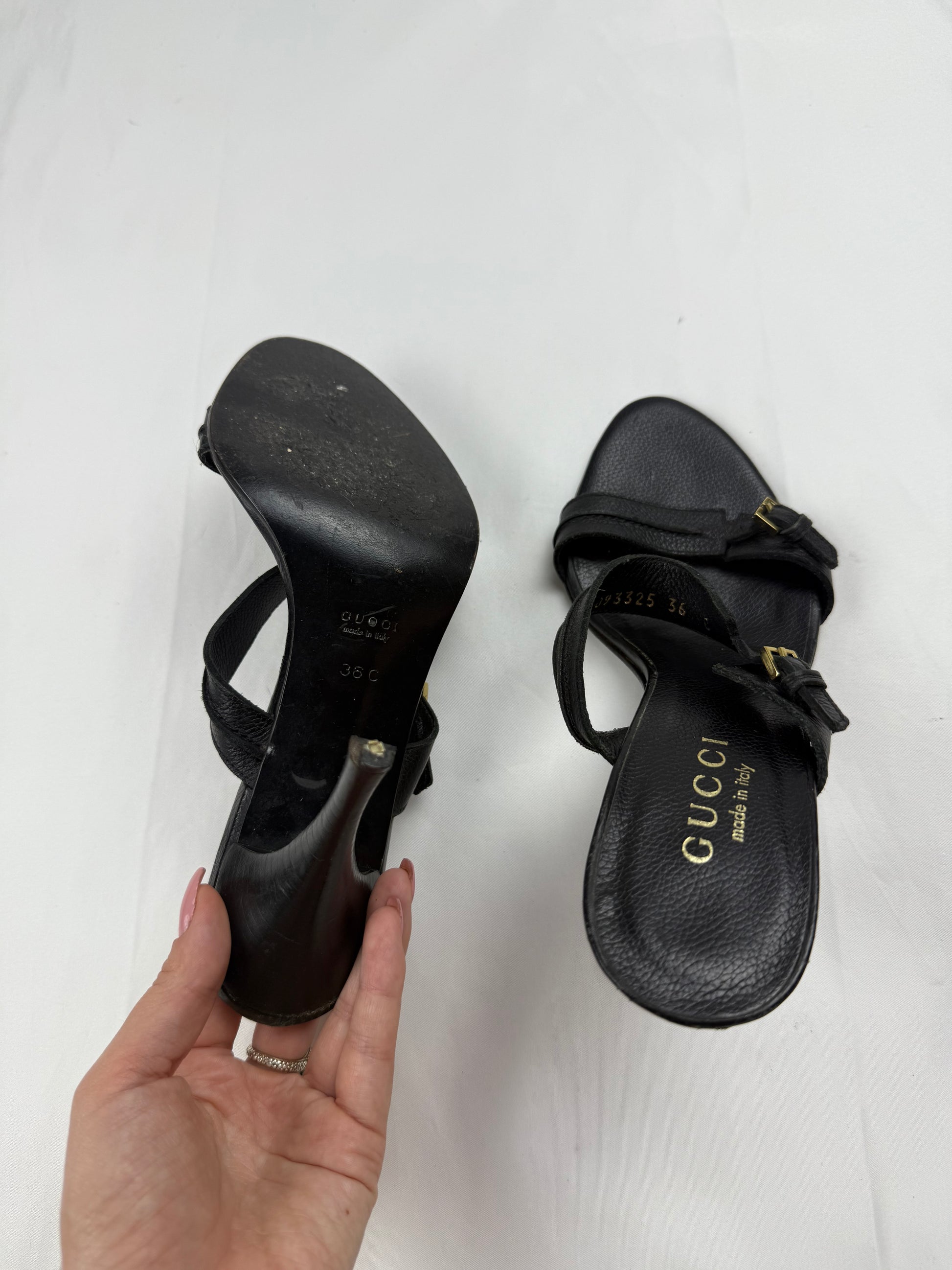 Black real leather buckle belt heels mules (36)
