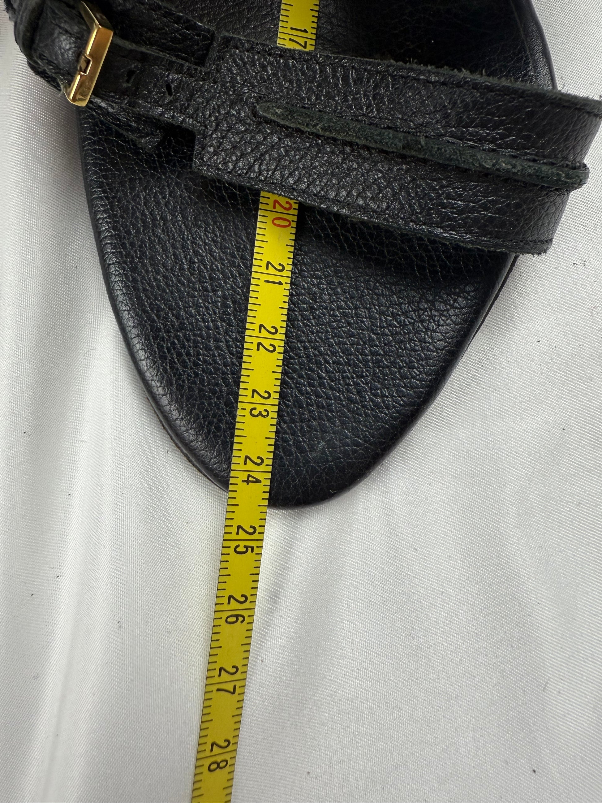 Black real leather buckle belt heels mules (36)