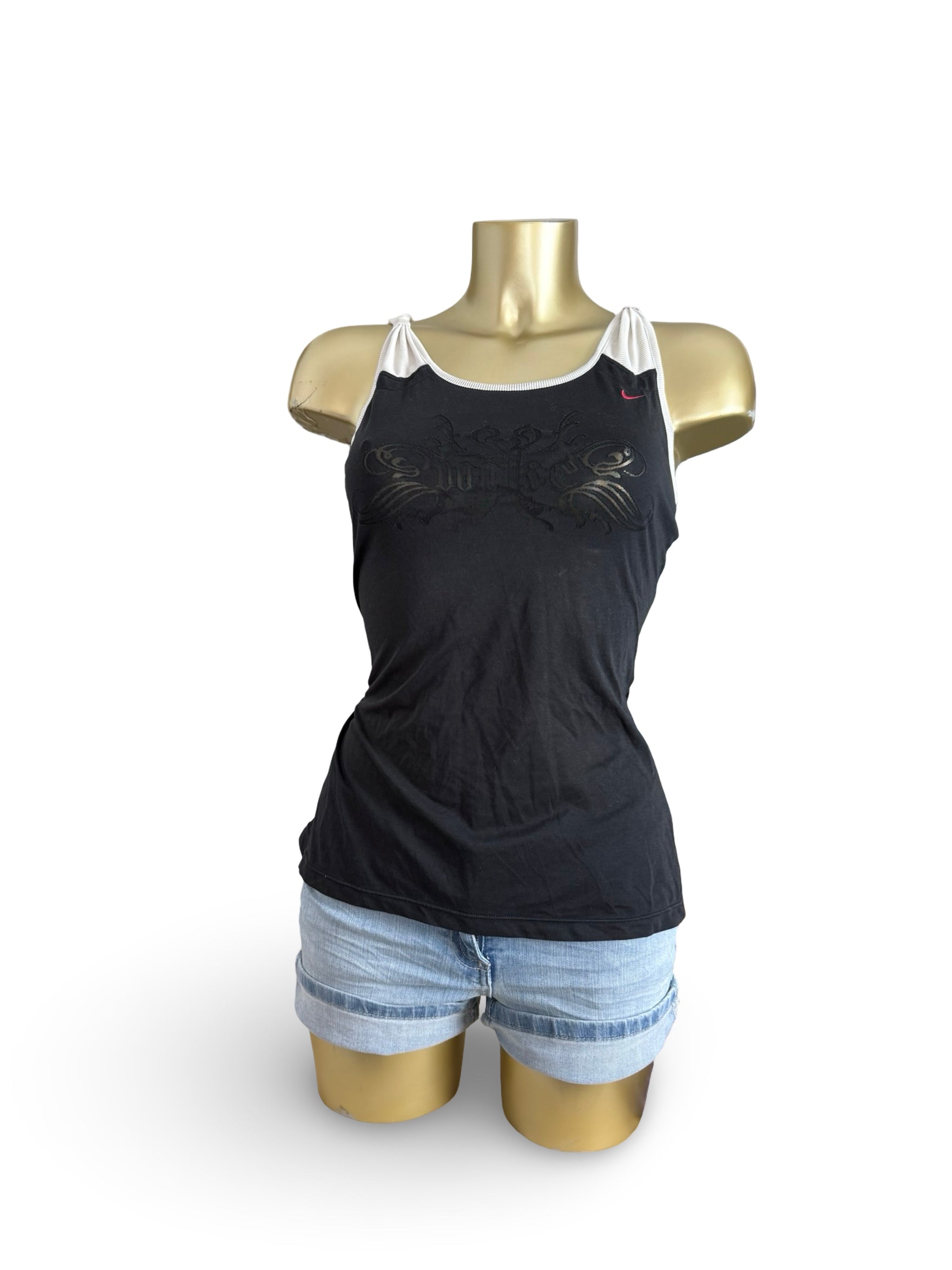 Black graphic activewear backless top (M)