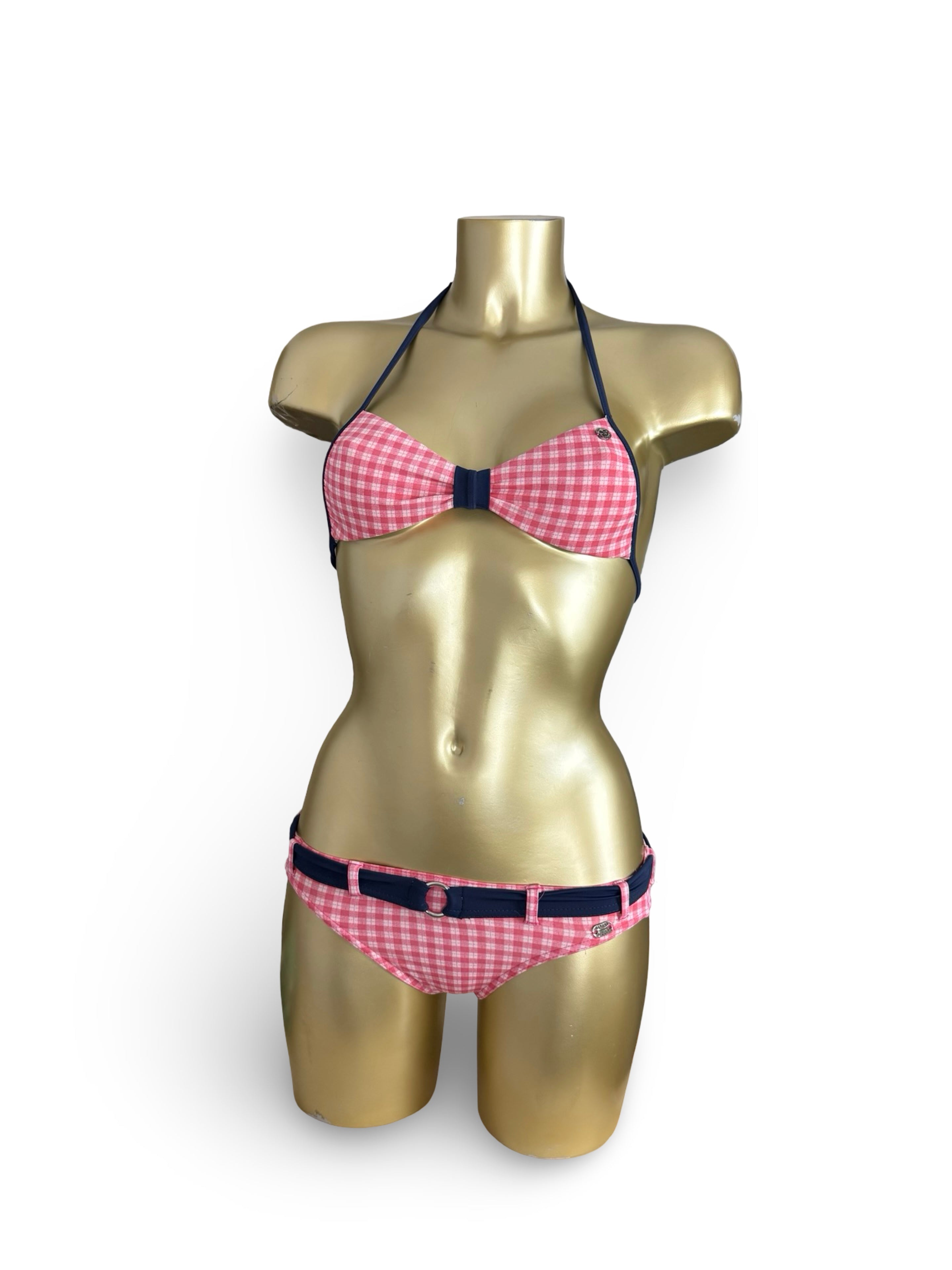 Pink check print low rise shorty bikini set (XXS/XS)