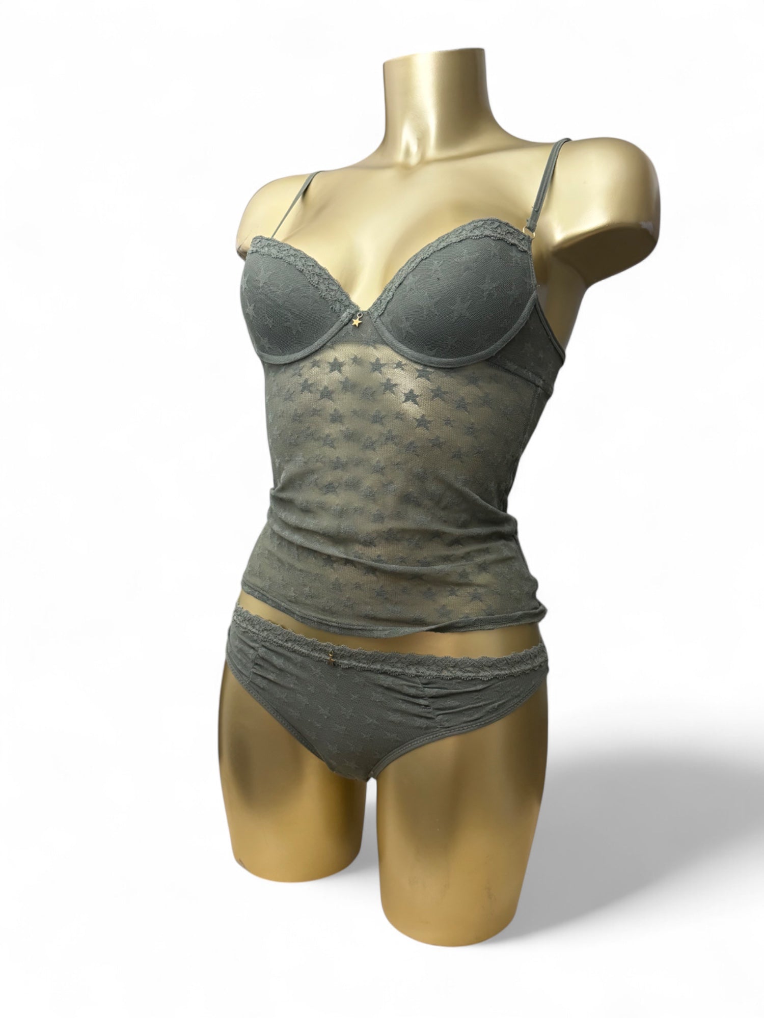 Khaki mesh see trough corset top + thong set (S)