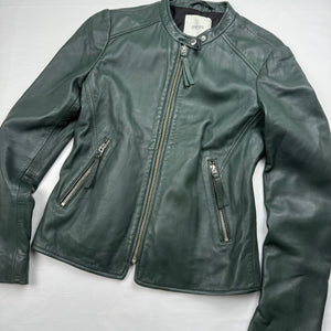 Dark green real leather zip up tight fit jacket (S)
