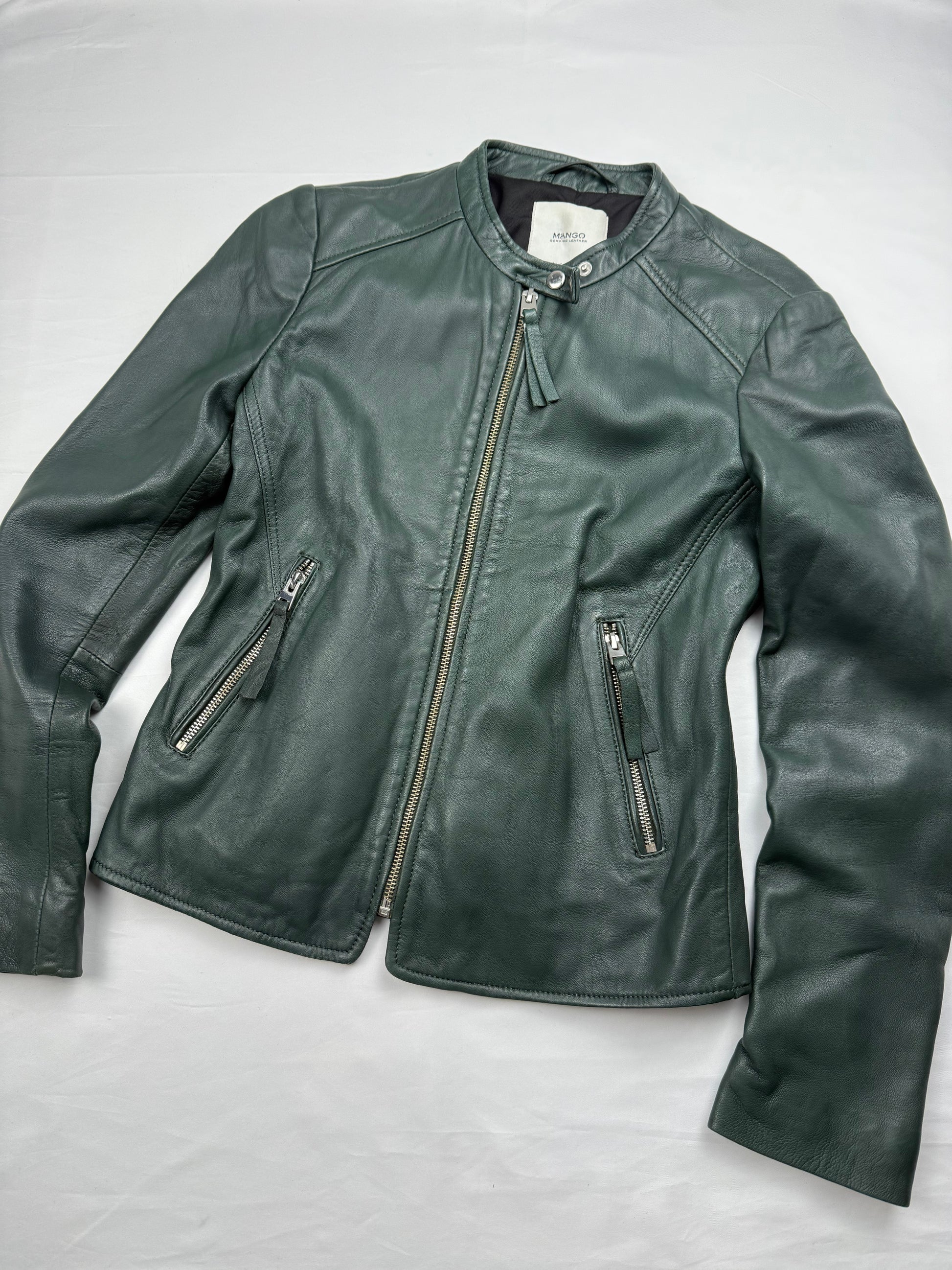 Dark green real leather zip up tight fit jacket (S)