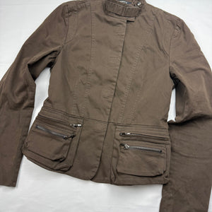 Khaki zip up tight fit biker jacket (S/M)