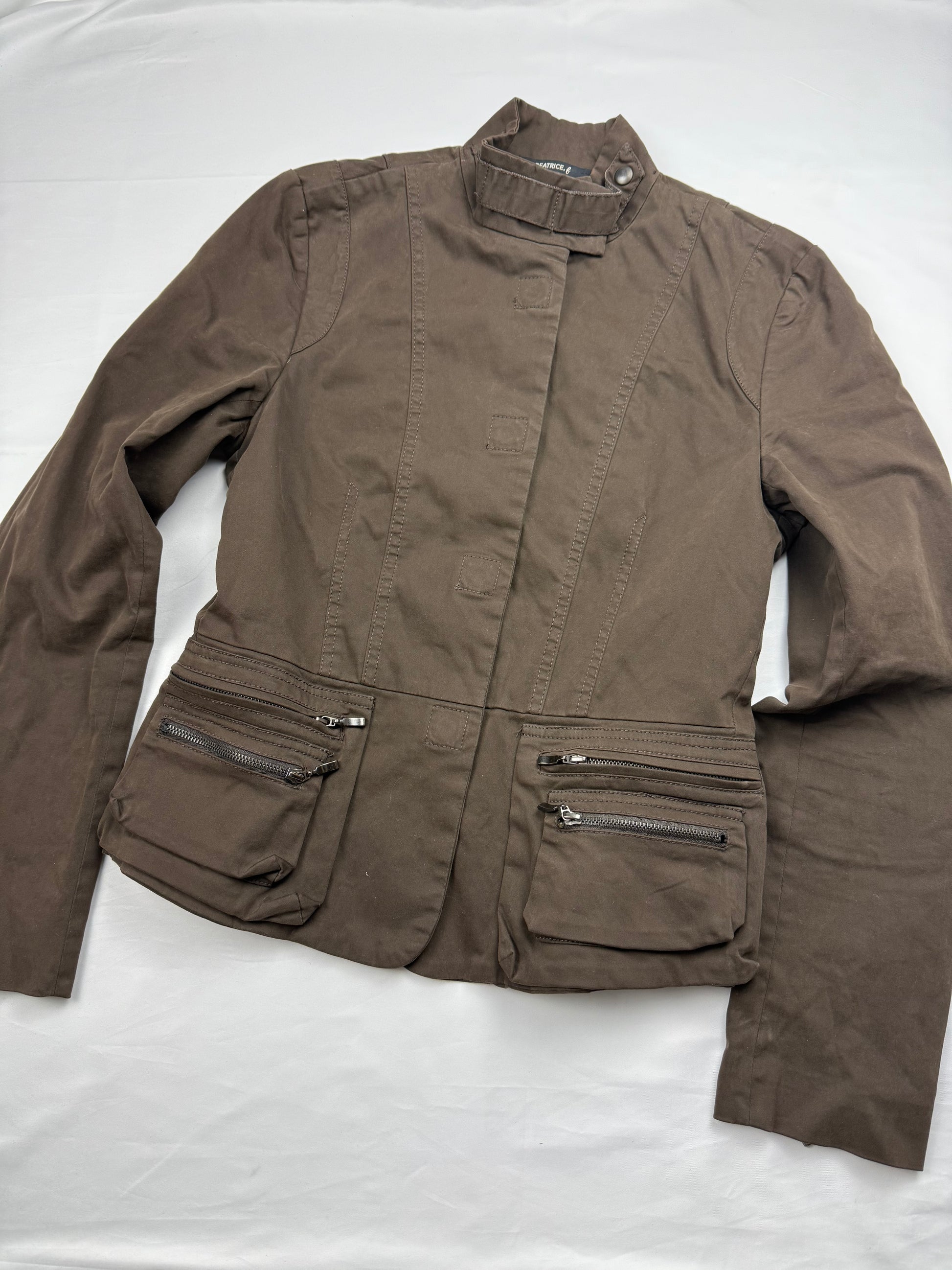 Khaki zip up tight fit biker jacket (S/M)