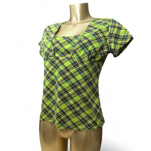 Green check print square neck tee (L)