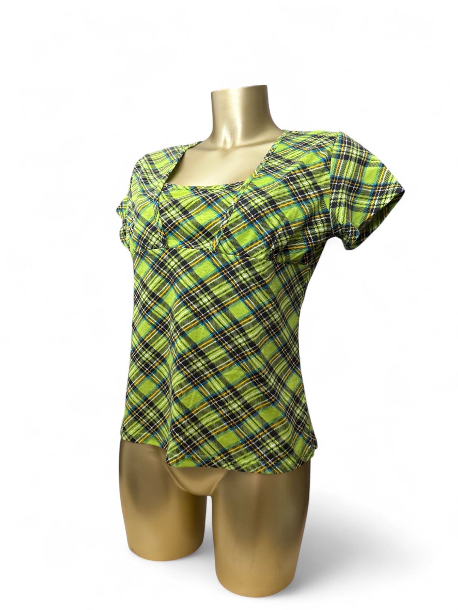 Green check print square neck tee (L)