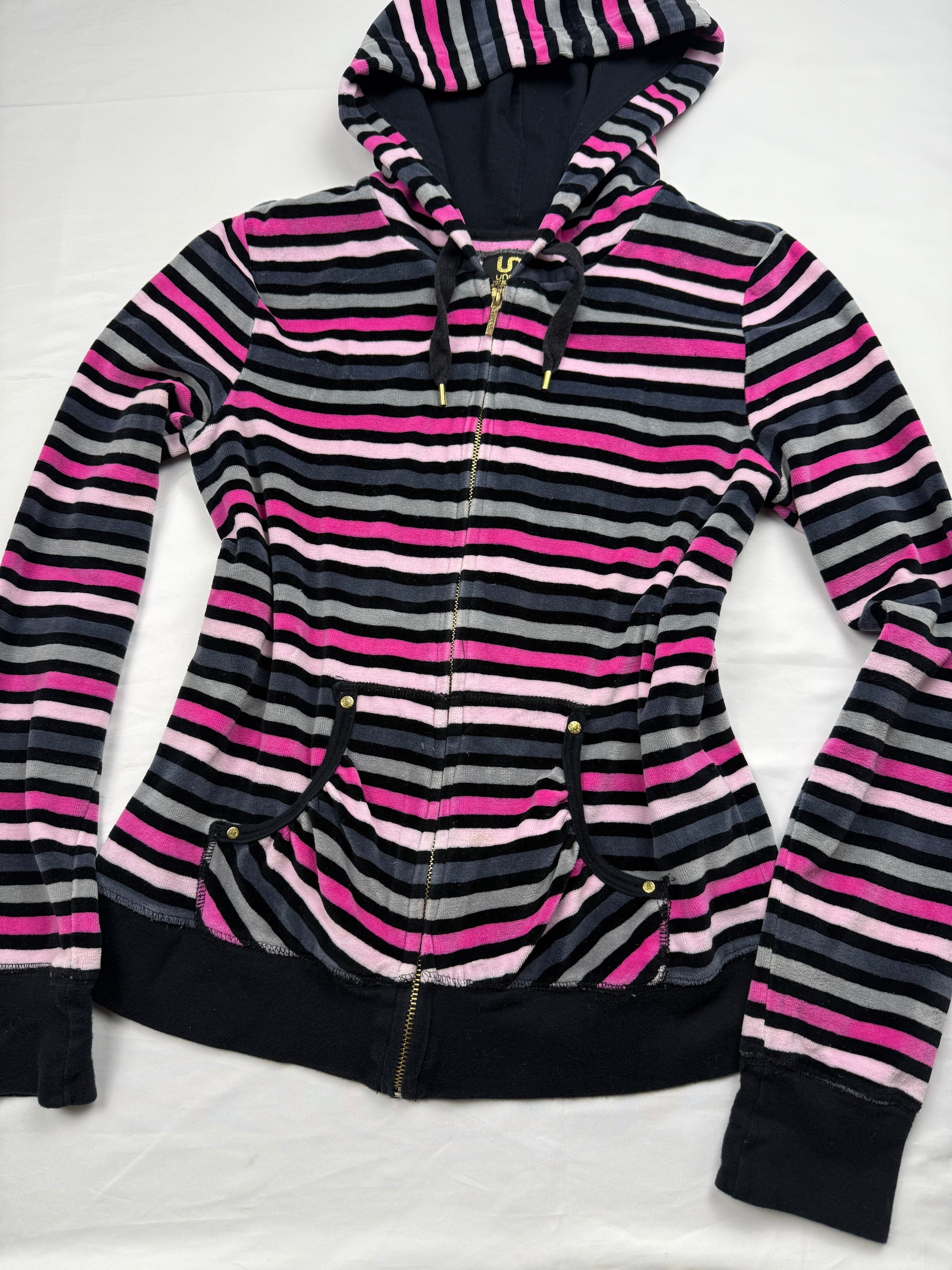 Velvet pink striped zip up hoodie (M)