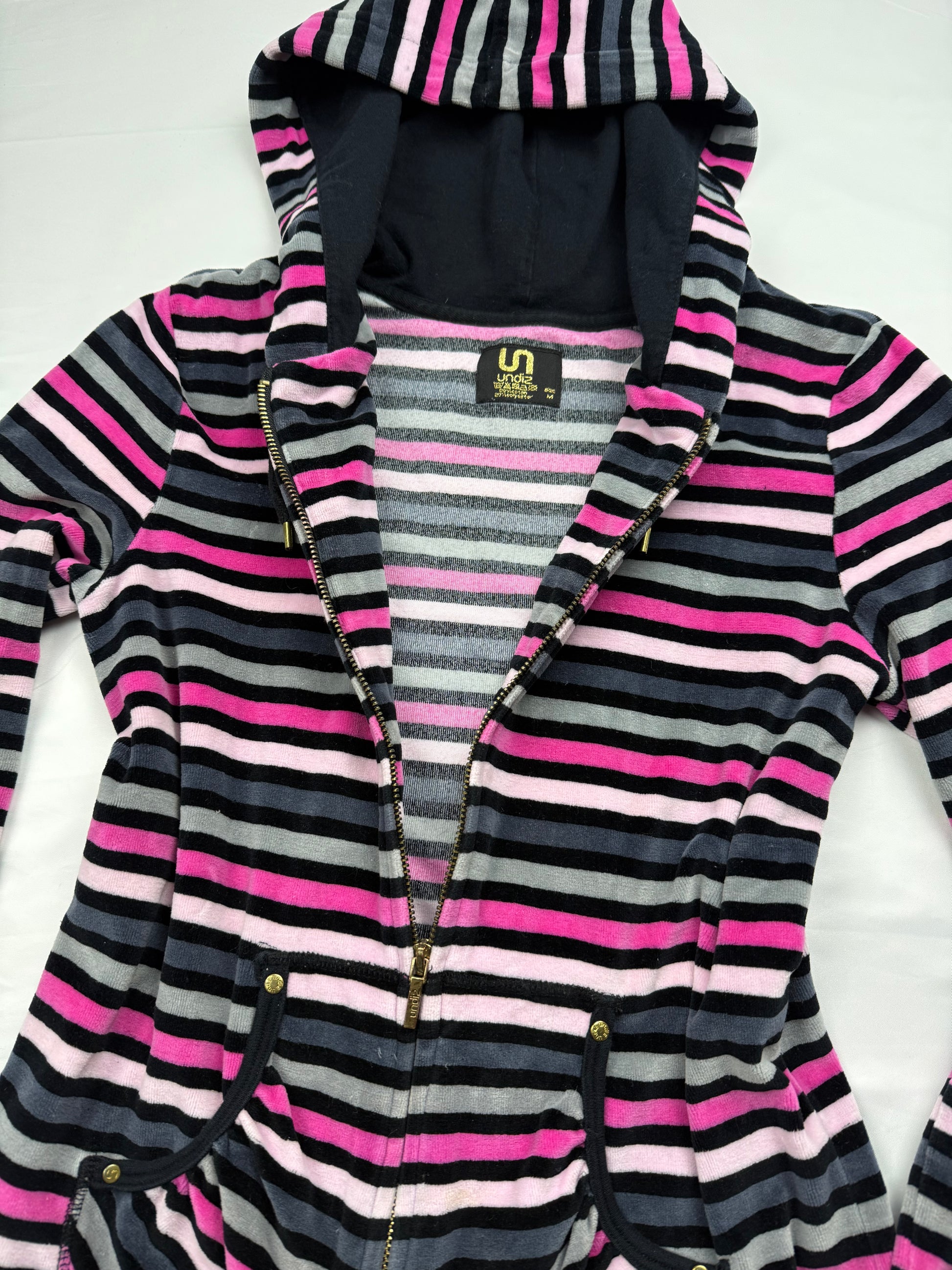 Velvet pink striped zip up hoodie (M)